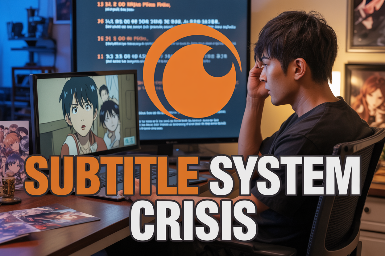 Create a realistic image of a frustrated Asian male viewer sitting at a desk looking at a laptop screen displaying an anime scene with broken or missing subtitle boxes, with Crunchyroll's orange logo visible on the screen, multiple error message pop-ups in the background, dim room lighting creating a moody atmosphere, scattered anime merchandise on the desk, and bold text overlay reading "SUBTITLE SYSTEM CRISIS" in orange and white fonts.