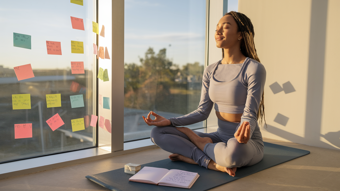 Create a realistic image of a serene morning scene with a diverse female sitting cross-legged on a yoga mat by a window, bathed in golden sunlight, eyes closed in meditation, with a gentle smile. A journal with handwritten affirmations lies open beside her, and colorful sticky notes with positive phrases are visible on a nearby wall. The scene conveys peace, mindfulness, and personal transformation. Text overlay: "Transform Your Life with Daily Affirmations."