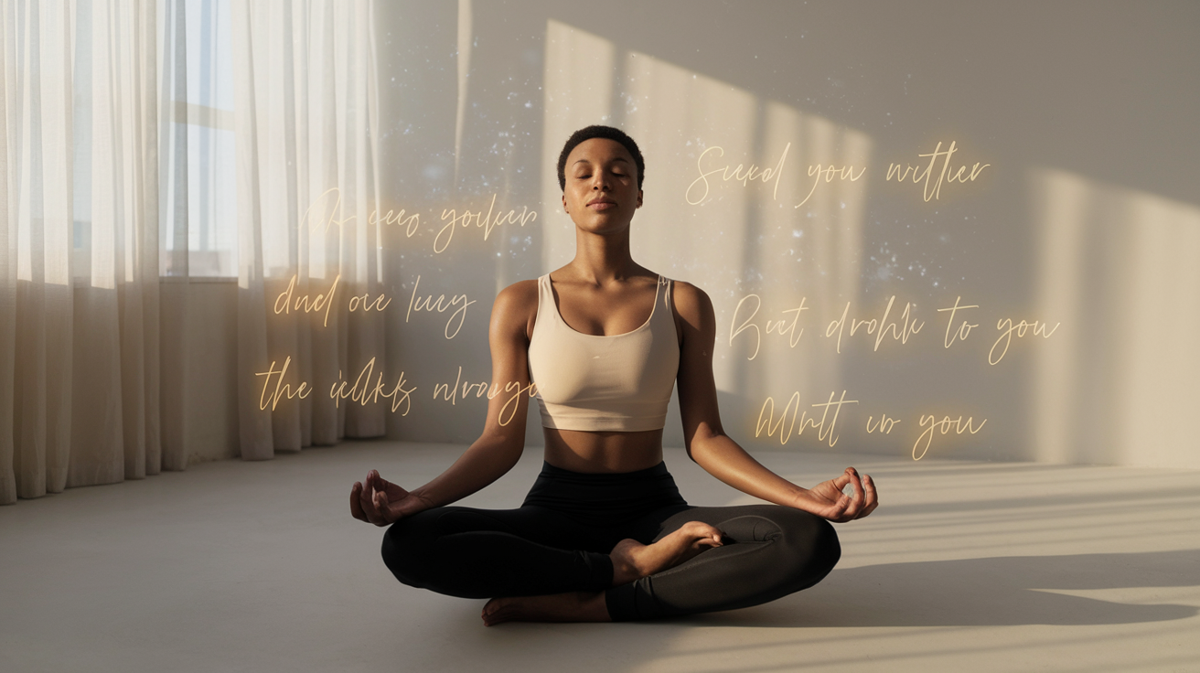 Create a realistic image of a serene black female in a meditation pose with eyes closed, surrounded by a subtle golden glow, with handwritten affirmations floating around her, in a minimalist bright room with morning sunlight streaming through sheer curtains, conveying peace, positivity and personal transformation.