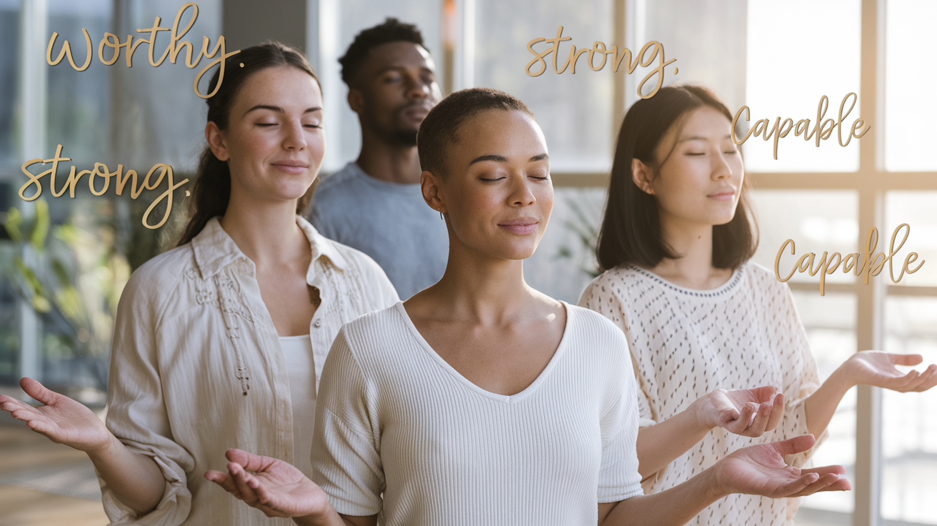 Create a realistic image of a diverse group of people (white female, black male, Asian female) with serene expressions, standing in a sunlit meditation space, their hands open in welcoming gestures, with floating golden affirmation words like "Worthy," "Strong," "Capable" surrounding them, representing the transformative power of daily affirmations.