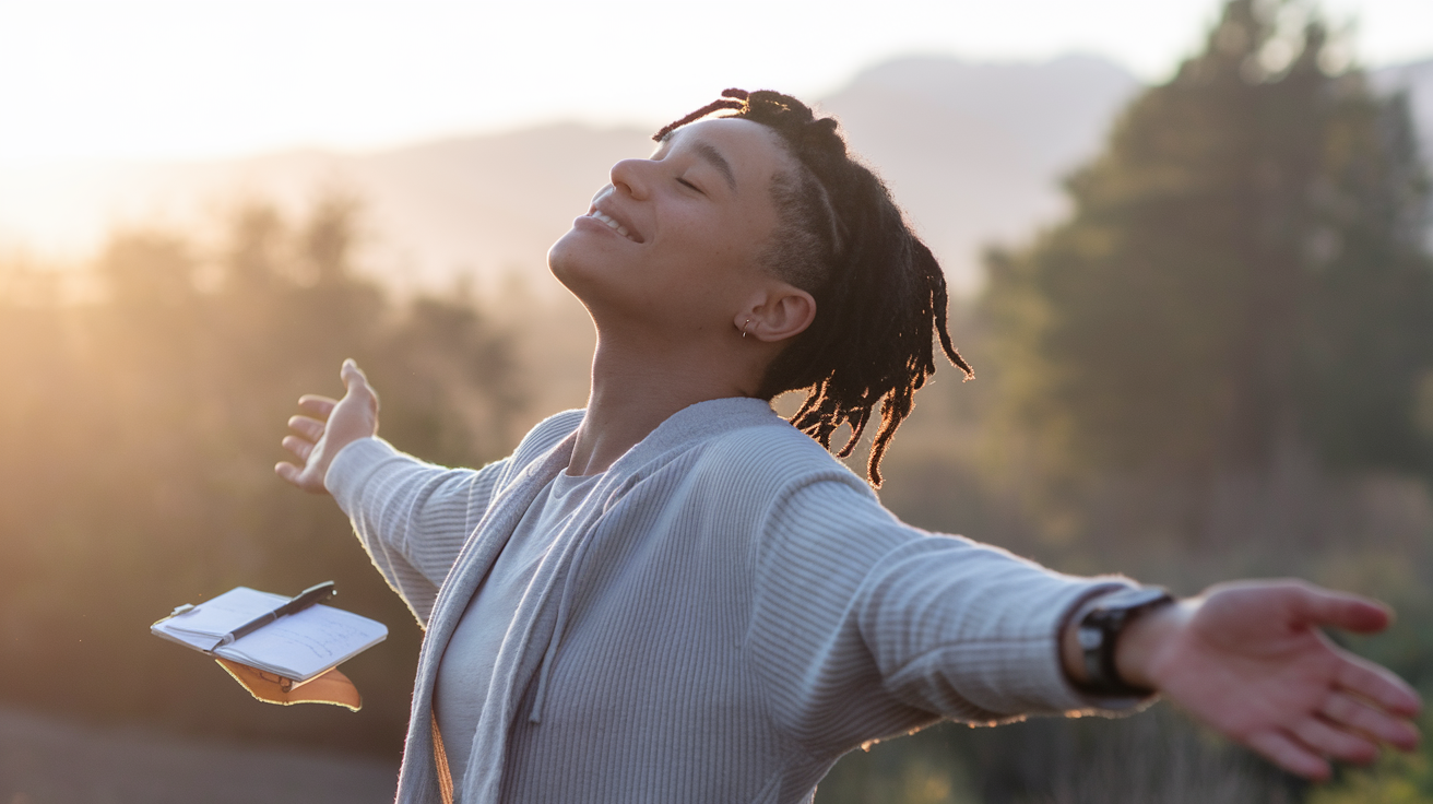 Create a realistic image of a serene person of mixed race with closed eyes and a peaceful smile, standing outdoors at sunrise with arms outstretched, surrounded by soft golden light, with a small journal and pen visible nearby, symbolizing the transformative journey of daily affirmations and self-growth.