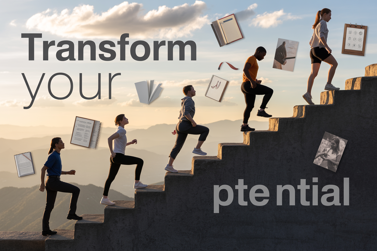 Create a realistic image of a diverse group of determined individuals (white female, black male, Asian female) climbing a stepped mountain path representing personal growth, with some higher up than others, surrounded by motivational elements like journals, books, and goal charts, soft inspirational lighting breaking through clouds, with the text "Transform Your Potential" subtly integrated into the scene.