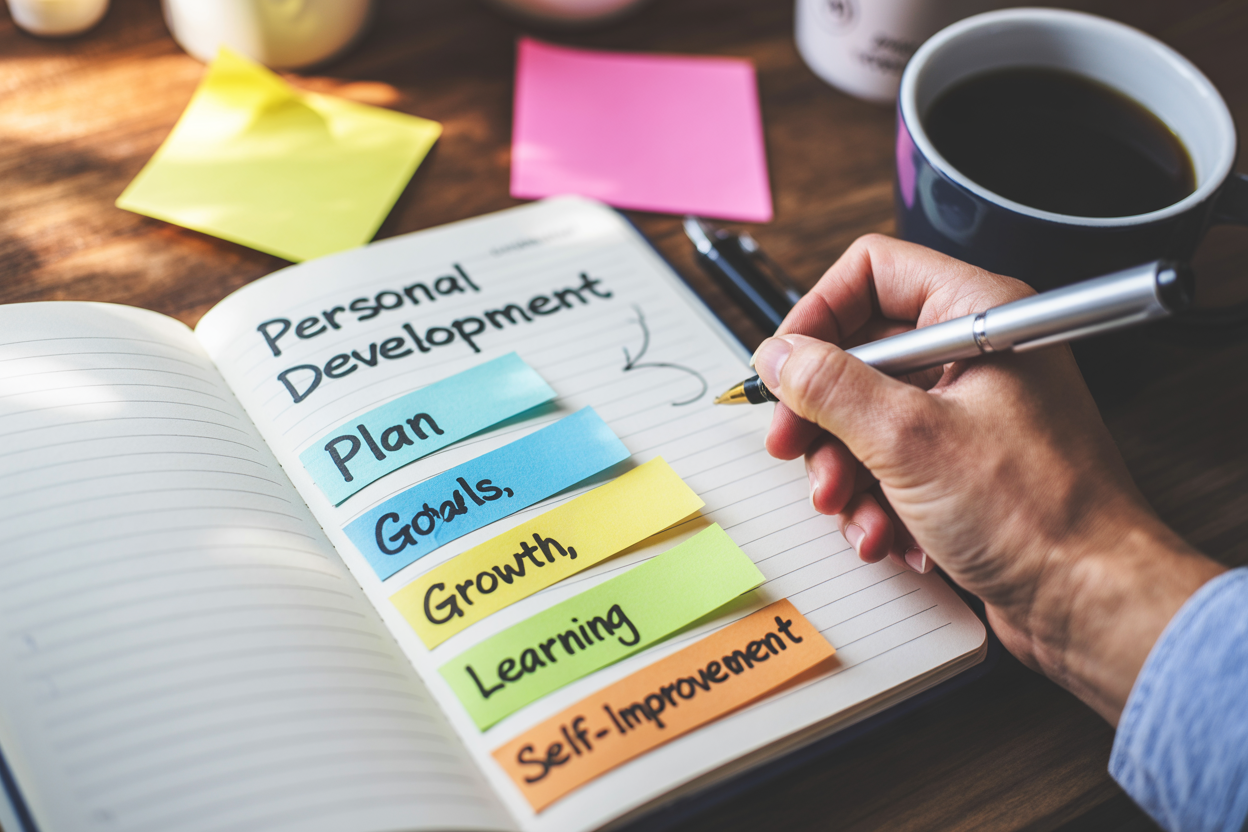 Create a realistic image of an open notebook with "Personal Development Plan" written at the top, surrounded by colorful sticky notes with words like "Goals," "Growth," "Learning," and "Self-improvement," with a thoughtful person's hand holding a pen poised to write, soft natural lighting creating a warm, motivational atmosphere, and a cup of coffee nearby suggesting focus and contemplation.