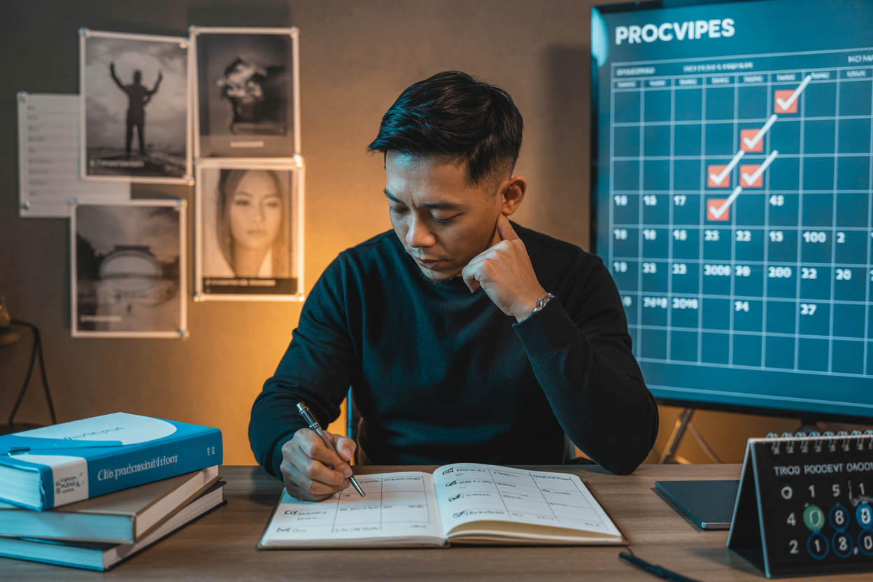 Create a realistic image of a focused Asian male professional sitting at a desk, writing goals in a journal with checkboxes and milestone markers, surrounded by productivity books, a vision board with achievement images, and a digital calendar showing progress tracking, all bathed in warm, motivational lighting that creates an atmosphere of determination and growth.