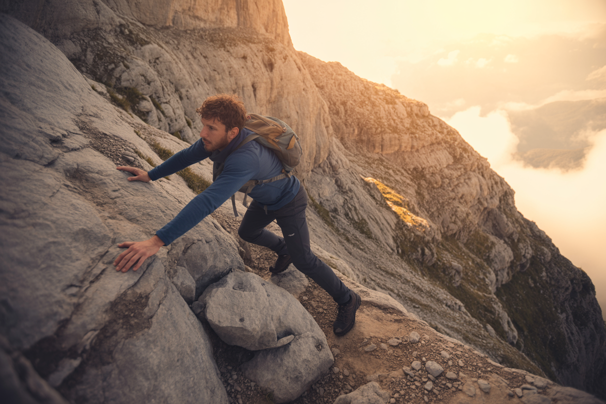 Create a realistic image of a determined person climbing a steep mountain path, with visible obstacles like fallen rocks and narrow passages ahead, symbolic of personal growth challenges. The climber is focused, wearing casual athletic clothing, and carrying a small backpack. The background shows both the difficult path already traveled and the summit still to be reached. Warm golden light breaks through clouds, suggesting hope and perseverance amid the struggle.