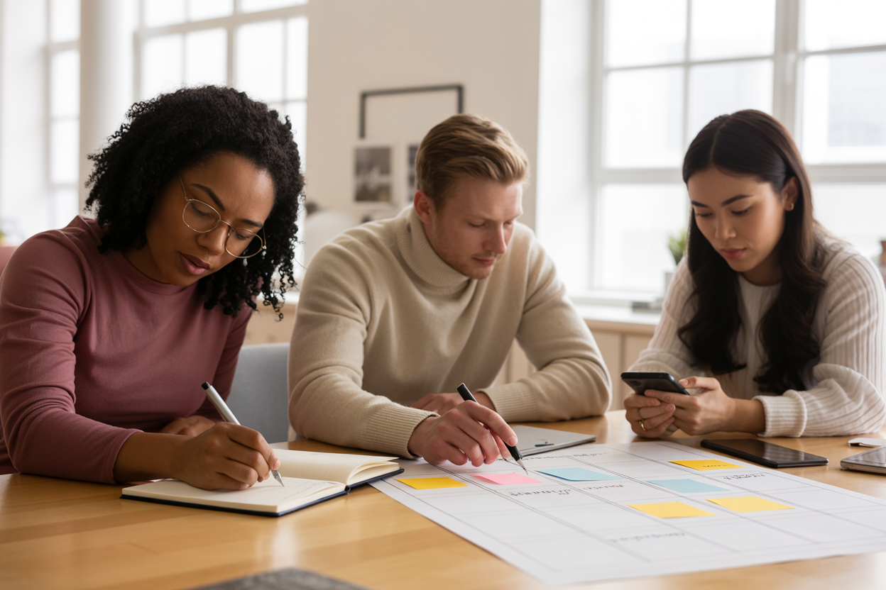 Create a realistic image of a diverse group of people (black female, white male, Asian female) actively engaging with motivational triggers - one writing in a journal, another setting a visual goal board, and the third using a mobile app for habit tracking, all in a bright, modern workspace with natural light streaming through windows, creating an atmosphere of focus and determination.