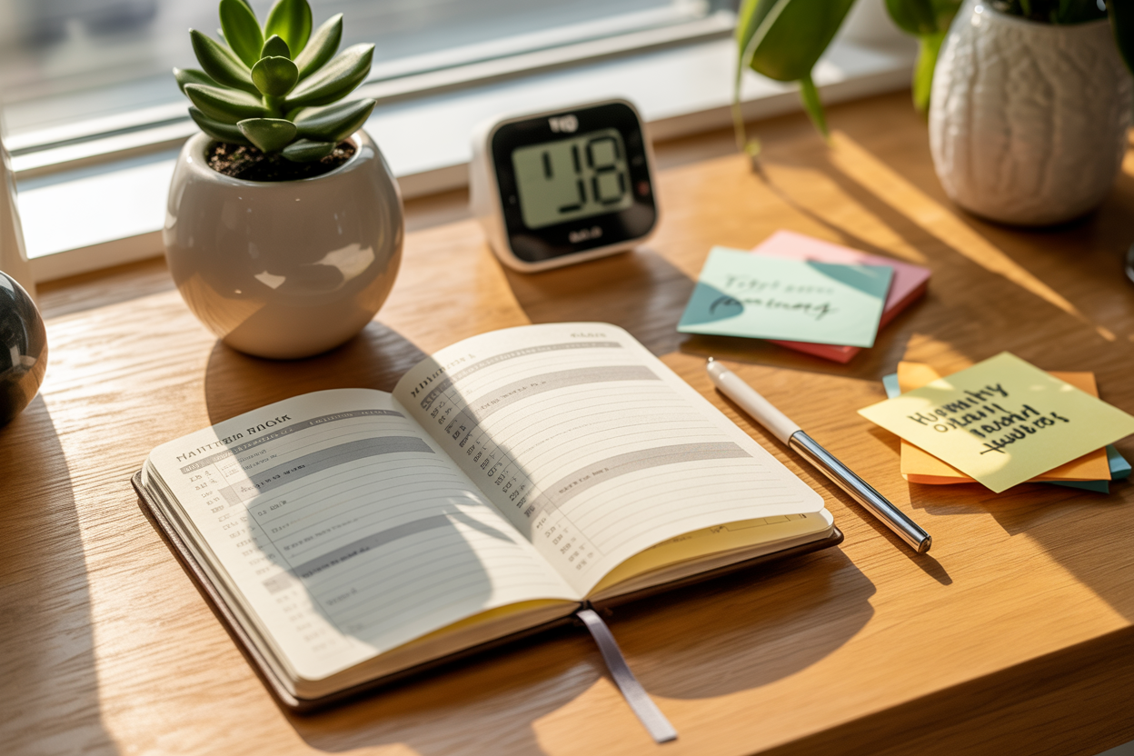 Create a realistic image of a person's desk with a habit tracker journal open, showing a consistent streak of completed daily tasks, alongside a small potted plant, a digital timer, and sticky notes with motivational quotes, all bathed in warm morning sunlight streaming through a nearby window, conveying the theme of sustainable personal growth routines.