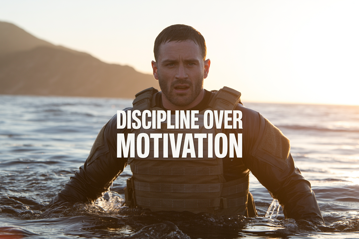 Create a realistic image of a white male Navy SEAL in tactical gear during an intense training exercise, emerging from dark ocean water at dawn with determined expression, water droplets visible on his face and equipment, dramatic golden sunrise lighting creating strong contrast between dark water and bright sky, mountainous coastline silhouetted in background, with bold text overlay reading "DISCIPLINE OVER MOTIVATION" in military-style font, conveying themes of mental toughness, perseverance, and elite military mindset.