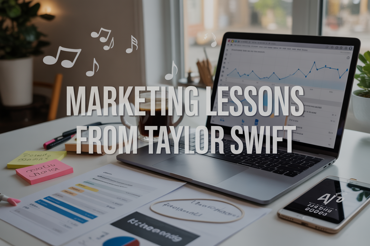 Create a realistic image of a modern digital marketing workspace with a sleek laptop displaying analytics charts and social media metrics on the screen, surrounded by marketing materials like colorful sticky notes with strategy words, a smartphone showing engagement notifications, and a cup of coffee, with soft natural lighting from a window, featuring elegant text overlay reading "Marketing Lessons from Taylor Swift" in a stylish font, set against a clean white desk with subtle musical note graphics scattered in the background to subtly reference the pop star connection.