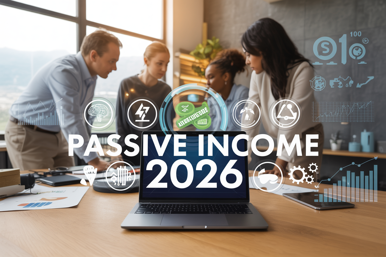 Futuristic home office setup representing passive income opportunities in 2026.