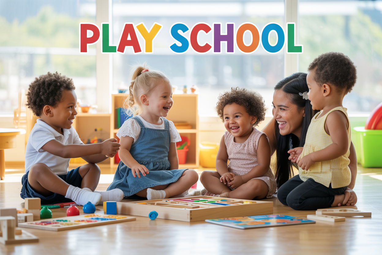 Create a realistic image of diverse young children aged 3-5 years (including white, black, and Hispanic boys and girls) engaged in educational play activities in a bright, colorful classroom setting with wooden building blocks, puzzles, art supplies, and educational toys scattered around, natural lighting streaming through large windows, children laughing and collaborating while a nurturing female teacher of mixed ethnicity guides their learning, with the text "PLAY SCHOOL" prominently displayed in friendly, colorful letters at the top of the image, conveying a warm and stimulating learning environment.