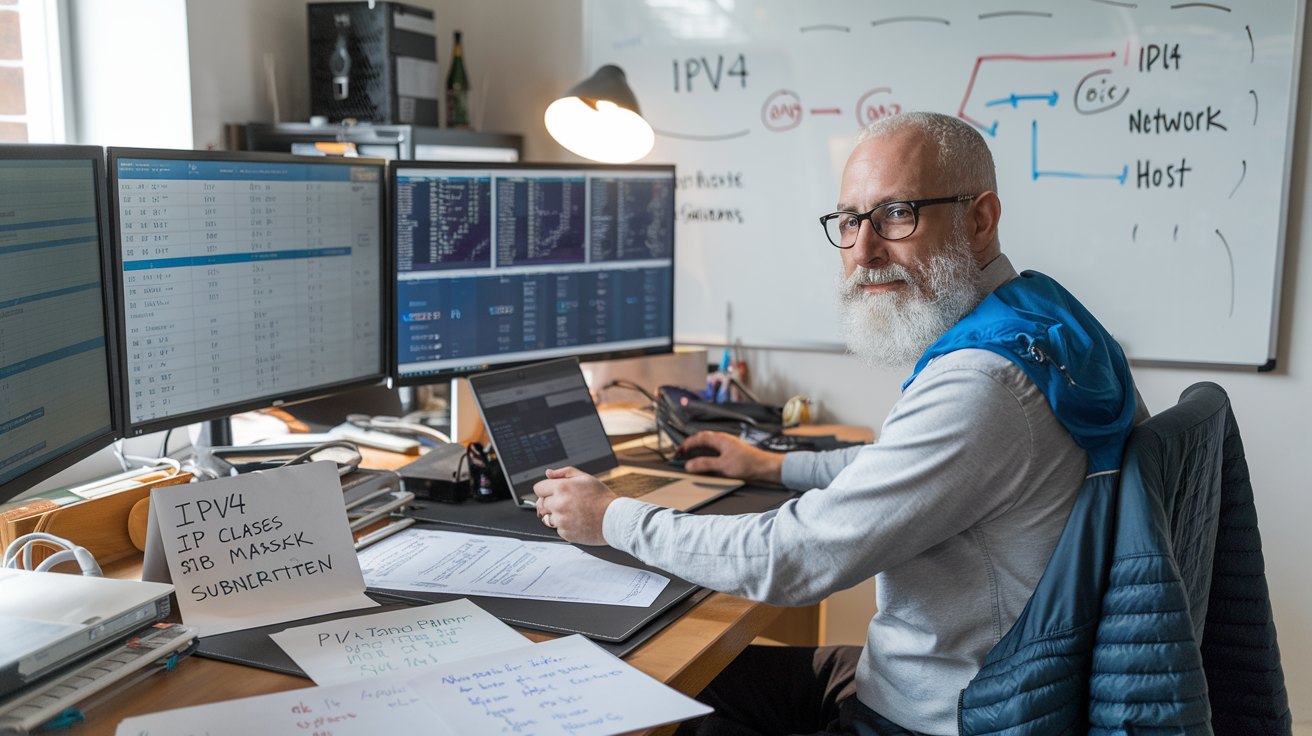 Create a realistic image of a network administrator (white male) sitting at a desk with multiple monitors displaying IPv4 address tables, subnet masks, and network diagrams, with handwritten notes about IP classes and subnetting formulas visible on the desk, and a whiteboard in the background showing an IPv4 addressing scheme with highlighted network and host portions.