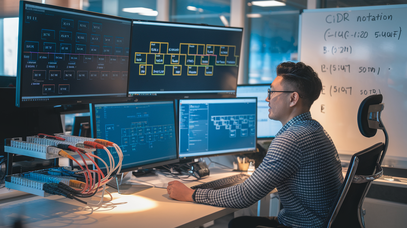 Create a realistic image of a network administrator (Asian male) sitting at a desk with multiple monitors displaying network diagrams, IP address blocks being divided into smaller subnets with clear boundaries shown in different colors, a whiteboard nearby with CIDR notation examples, and network cables organized into separate groups representing different subnets, all in a modern office with soft lighting emphasizing the organized network structure.