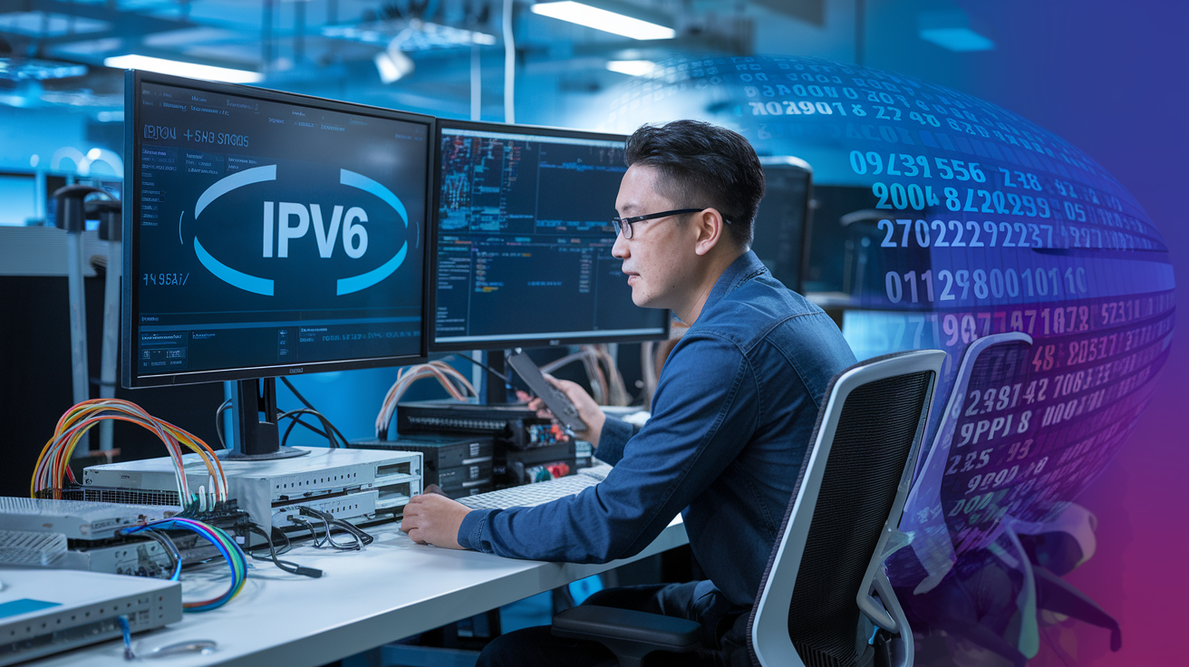 Create a realistic image of a network engineer (Asian male) sitting at a modern workstation transitioning a network from IPv4 to IPv6, with dual-stack configuration screens visible on multiple monitors, IPv6 address notation displayed prominently, network cables connecting to next-generation routers, and a digital visualization showing the expanded address space of IPv6 with a blue-to-purple gradient representing the technological evolution.