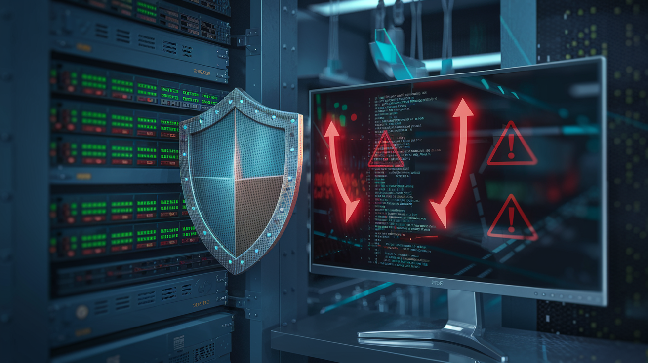 Create a realistic image of a shield protecting a DNS server rack with visible security breach attempts shown as red digital arrows being blocked, featuring a split-screen showing secure DNS traffic (green data streams) versus vulnerable connections (red warning symbols), all displayed on a computer monitor in a dimly lit server room with lines of code reflecting in the background.