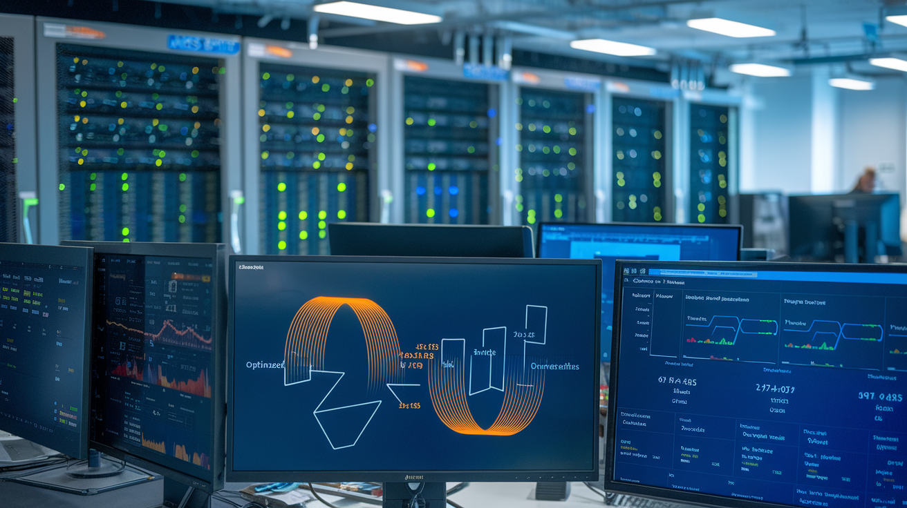 Create a realistic image of a network operations center with multiple monitors displaying DNS analytics, server racks with blinking lights in the background, and a network diagram showing optimized DNS routing paths with reduced latency times, featuring a split-screen comparison of optimized versus non-optimized DNS performance metrics.