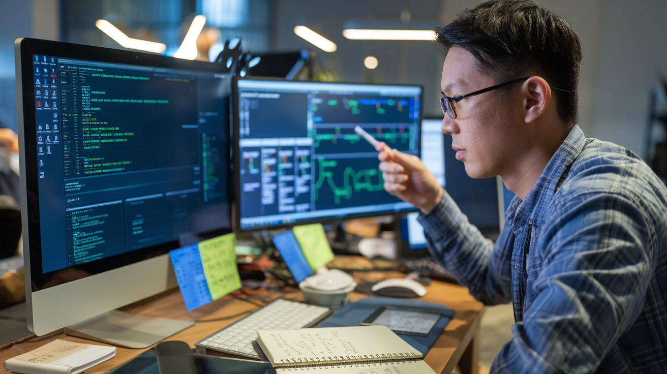 Create a realistic image of a focused Asian male IT professional at a desk troubleshooting DNS issues, with multiple computer monitors displaying command line interfaces, DNS lookup tools, and network diagrams, a notebook with handwritten notes nearby, and a cup of coffee, in a modern office environment with soft ambient lighting highlighting the concentration on his face.