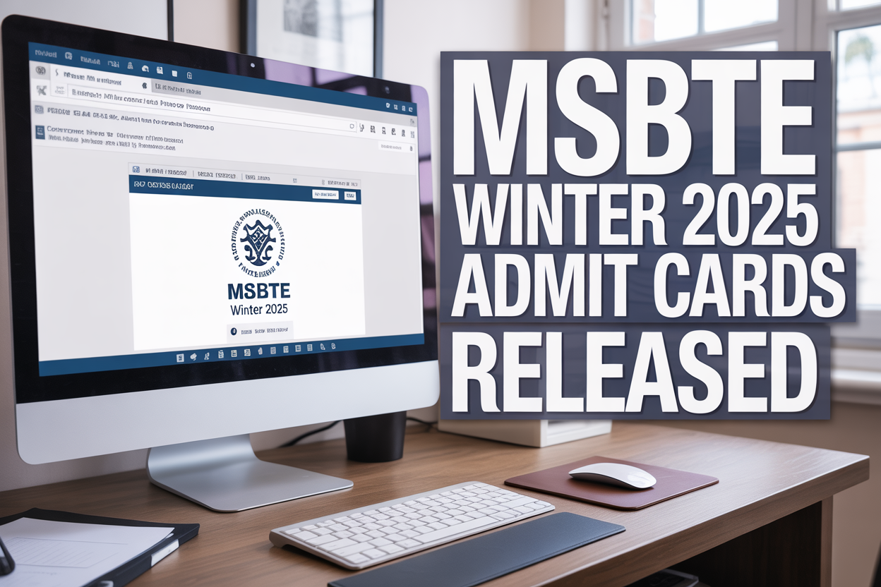 Create a realistic image of a modern computer screen displaying the MSBTE official website with admit card download portal, showing a digital admit card/hall ticket with MSBTE logo and "Winter 2025" text visible on screen, placed on a clean wooden desk with a computer keyboard and mouse nearby, soft natural lighting from a window, professional academic atmosphere, with bold text overlay reading "MSBTE Winter 2025 Admit Cards Released" in blue and white colors.