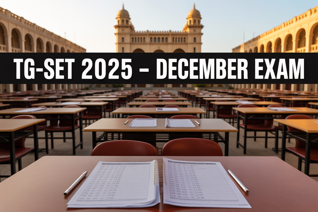 Create a realistic image of a modern university examination hall with empty desks arranged in rows, featuring the iconic Osmania University building architecture in the background, warm golden lighting suggesting an academic atmosphere, with official examination papers and answer sheets visible on some desks, and bold text overlay reading "TG-SET 2025 - December Exam" prominently displayed across the top portion of the image.