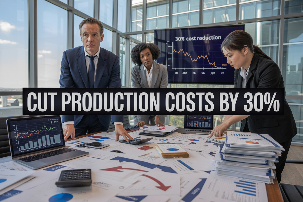 Create a realistic image of a modern corporate office setting with a diverse group of business professionals - including a white male executive in a navy suit, a black female manager in professional attire, and an Asian male analyst - standing around a large conference table covered with financial charts, graphs, and documents showing downward trending cost arrows, with laptops displaying analytics dashboards, a calculator, and stacks of supplier contracts visible on the table, set against a backdrop of floor-to-ceiling windows with natural lighting, while a large wall-mounted monitor displays a "30% Cost Reduction" graph with the text "Cut Production Costs by 30%" prominently overlaid in bold white letters across the bottom of the image.