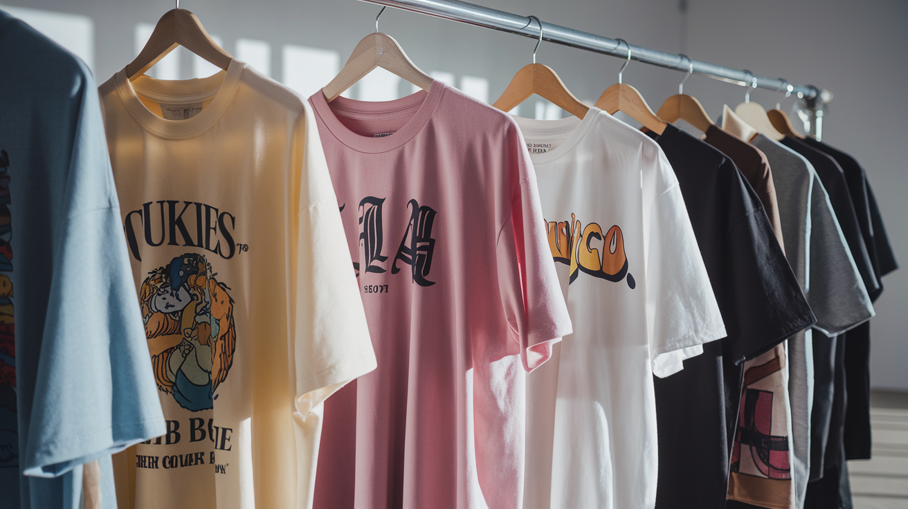 Create a realistic image of a fashion timeline showing the evolution of oversized t-shirts from the 80s to present day, with clothing racks displaying progressively changing styles, sizes, and designs, photographed in a well-lit studio space with soft shadows and clean background, featuring detailed fabric textures and trending graphic prints from each era.