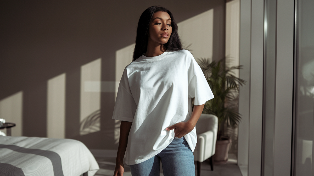 Create a realistic image of a stylish young black female model casually posing in an oversized white t-shirt paired with slim-fit jeans, standing in a modern, minimalist bedroom with neutral tones, soft natural lighting streaming through large windows, creating a relaxed, fashionable atmosphere that showcases the versatility and comfort of oversized t-shirts as essential wardrobe items.