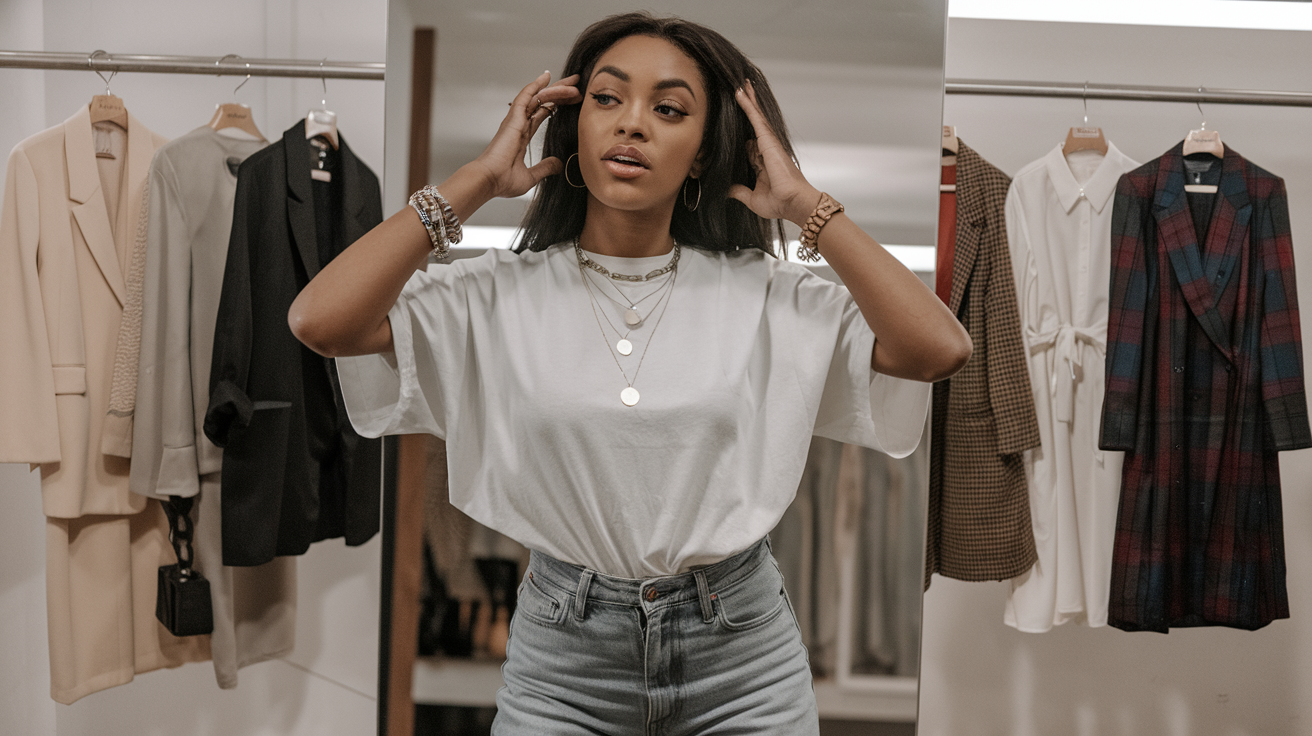 Create a realistic image of a young black woman styling an oversized white t-shirt with a half-tuck into high-waisted jeans, accessorized with layered necklaces and ankle boots, standing in front of a mirror with different outfit variations visible in the background representing casual, office, and evening looks.