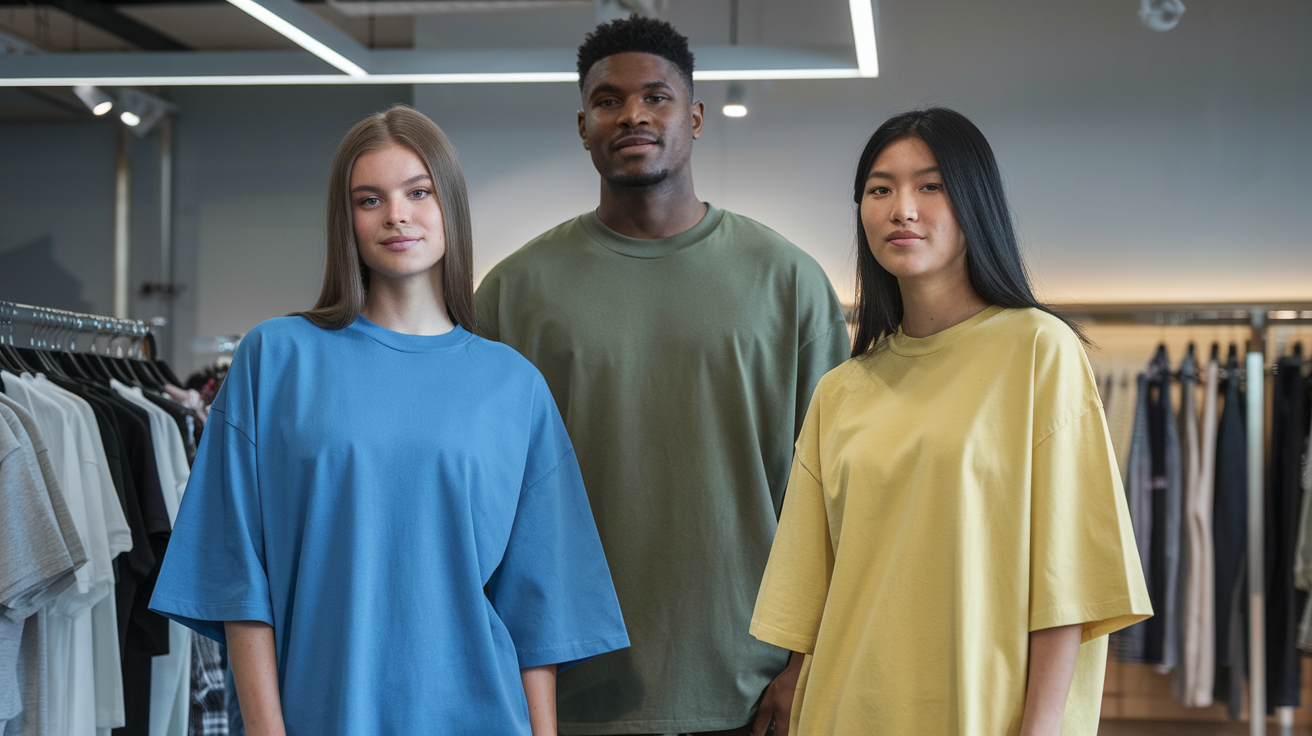 Create a realistic image of a diverse group of three people (one white female, one black male, and one Asian female) standing in a modern clothing store, each wearing differently styled oversized t-shirts that complement their distinct body types, with clothing racks in the background, soft retail lighting highlighting the comfortable fit and various styling options of the shirts.