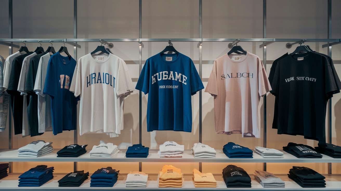 Create a realistic image of a stylish clothing store display featuring various high-end brands of oversized t-shirts arranged on minimalist racks, with some folded neatly on shelves, highlighting designer logos and unique cuts, under soft retail lighting that emphasizes the quality fabrics and contemporary aesthetic of the collections.