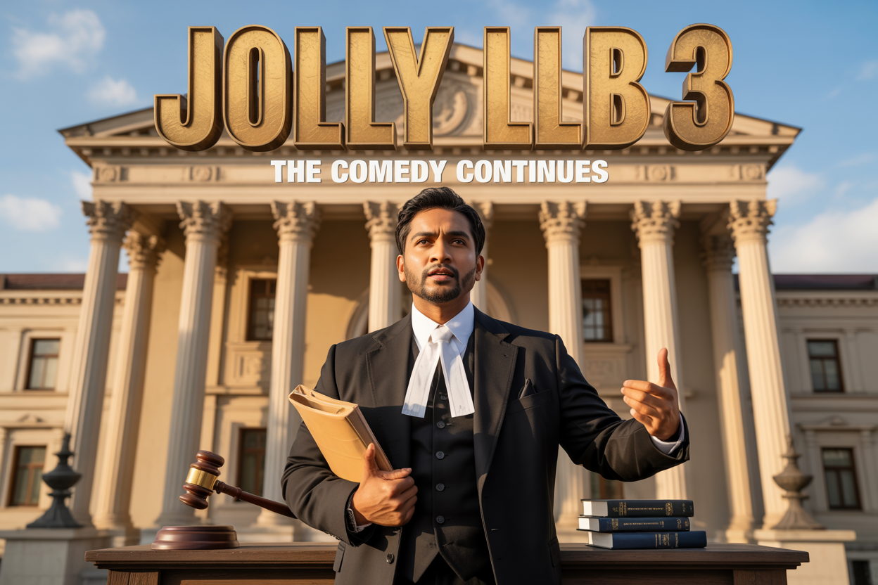 Create a realistic image of a vibrant movie poster-style composition featuring a South Asian male actor in a black lawyer's coat and white bands standing confidently in front of a courthouse with classical pillars, holding legal documents and gesturing dramatically, with a gavel and law books scattered around, warm golden lighting creating a cinematic atmosphere, and bold text "JOLLY LLB 3" prominently displayed at the top, with smaller text "The Comedy Continues" below, capturing the essence of a legal comedy film with professional courthouse backdrop and theatrical movie poster aesthetic.