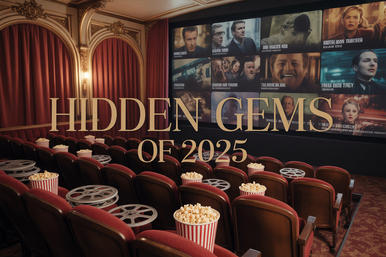 Create a realistic image of a vintage cinema theater interior with ornate red velvet seats and golden decorative elements, featuring a large movie screen displaying a montage of different film scenes including drama, thriller, and comedy moments, with scattered popcorn containers and film reels on plush theater seats, warm amber lighting creating a cozy atmosphere, and elegant text overlay reading "Hidden Gems of 2025" in golden serif font across the top of the image.