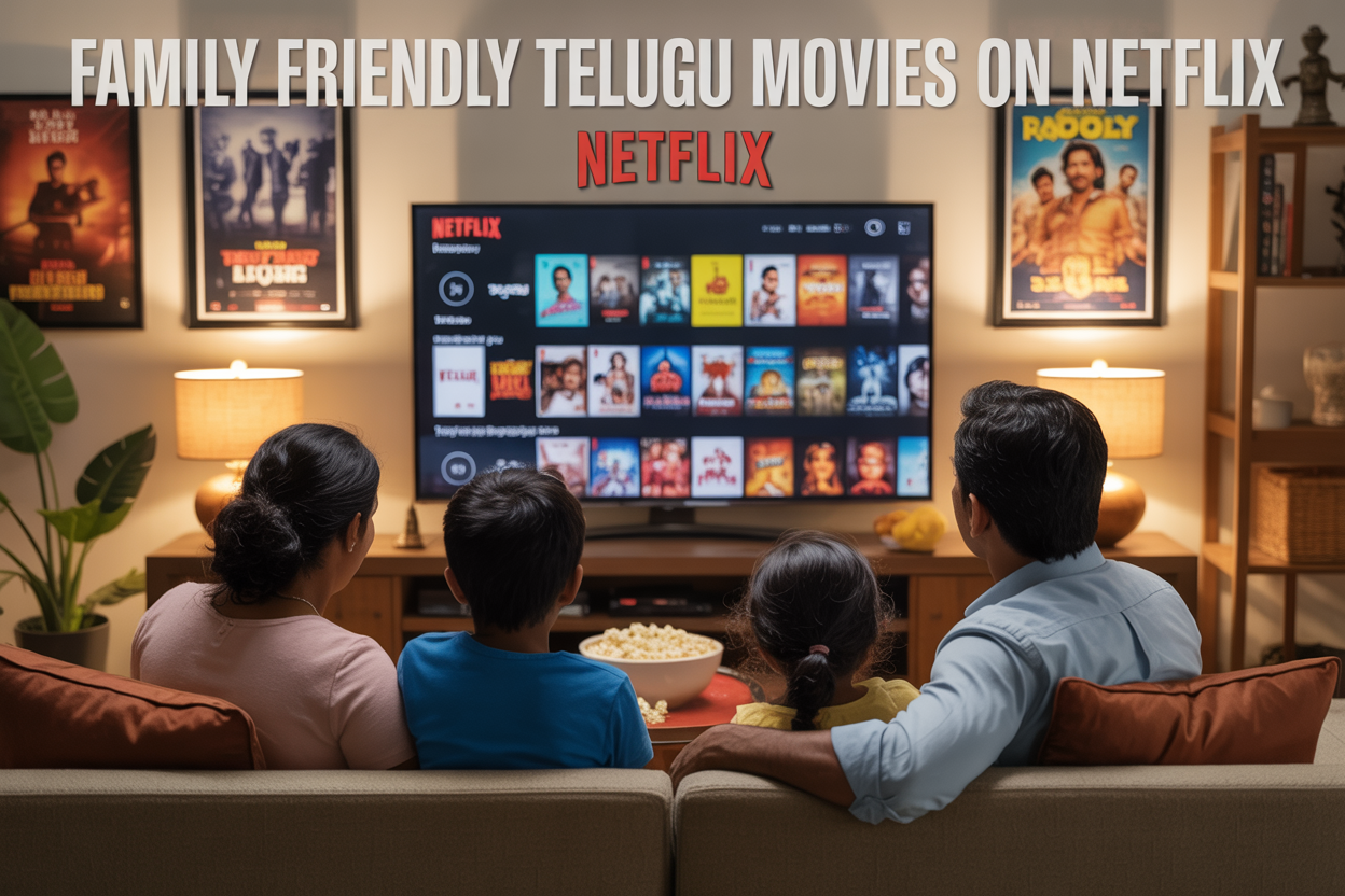 Create a realistic image of a cozy living room scene with an Indian family of four (two South Asian adults and two children) sitting together on a comfortable sofa watching a large wall-mounted TV screen displaying the Netflix interface with Telugu movie thumbnails visible, with warm ambient lighting from table lamps, movie posters on the walls in the background, a bowl of popcorn on the coffee table, and the text "Family Friendly Telugu Movies on Netflix" prominently displayed at the top of the image in bold, modern font.