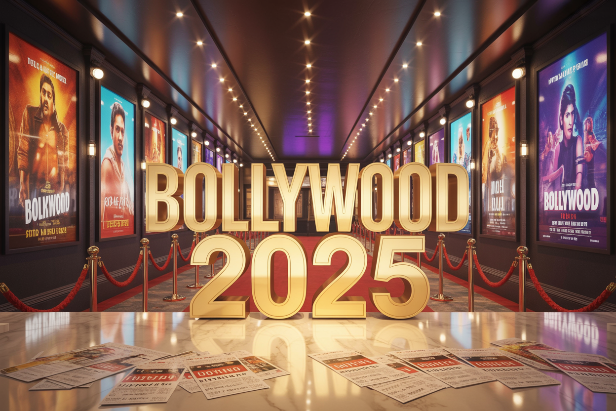 Create a realistic image of a vibrant Bollywood movie theater lobby with colorful movie posters featuring dramatic scenes and glamorous actors displayed on the walls, golden spotlights illuminating the space, red velvet ropes and elegant décor creating a premium cinema atmosphere, with the text "BOLLYWOOD 2025" prominently displayed in bold golden letters across the top of the scene, and movie tickets scattered on a marble counter in the foreground, conveying excitement and anticipation for upcoming blockbuster releases.